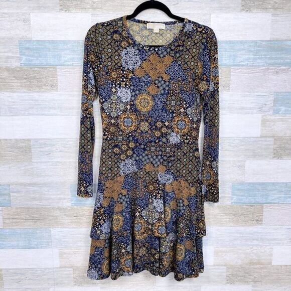 MICHAEL KORS Medallion Print Tiered Hem Dress Blue Yellow Stretch Womens Small - Picture 2 of 8